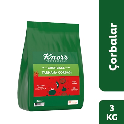 Knorr Chef Base Tarhana Çorbası 3KG - "Baz çorba olarak kullanılabilen Knorr Sofrabaşı Tarhana Çorbası ile çorbalarınızı damak tadınıza uygun şekilde lezzetlendirebilirsiniz.
Bir paket Knorr Chef Base Tarhana Çorbası ile  46 L / 184 porsiyon çorba elde edebilirsiniz."